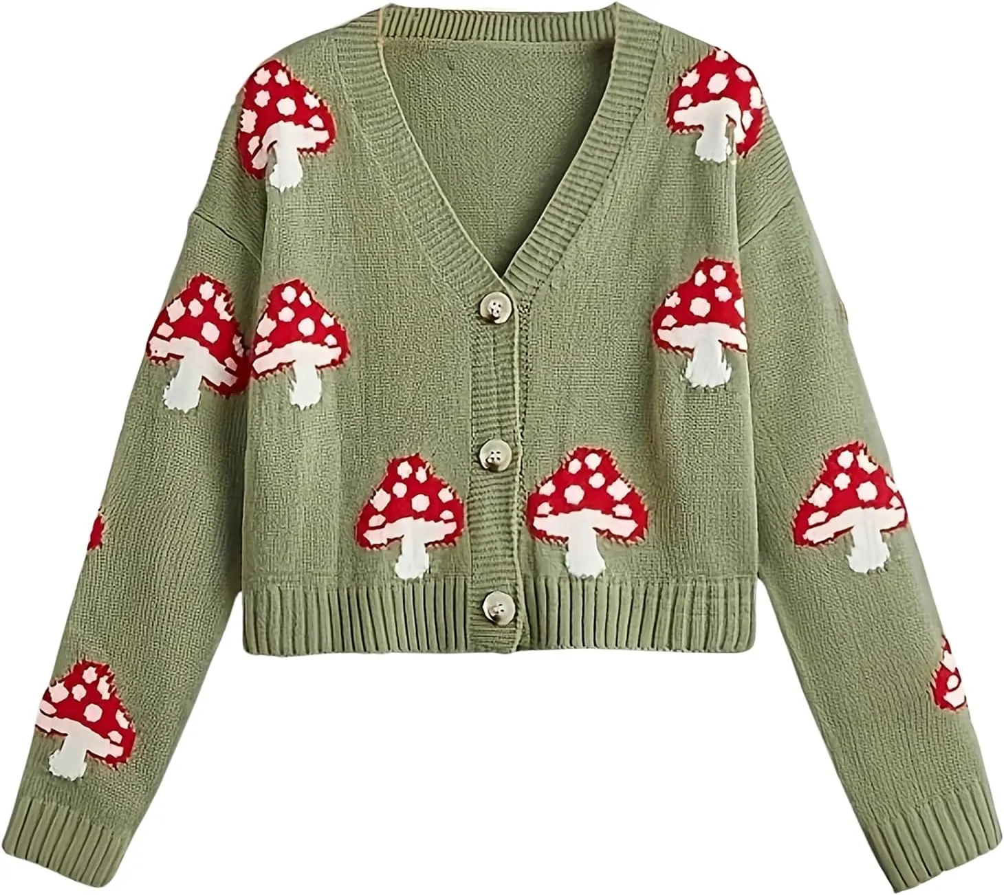 BAIMORE Women's Cute V Neck Mushroom Print Button Front Long Sleeve Crop Knit Cardigan
