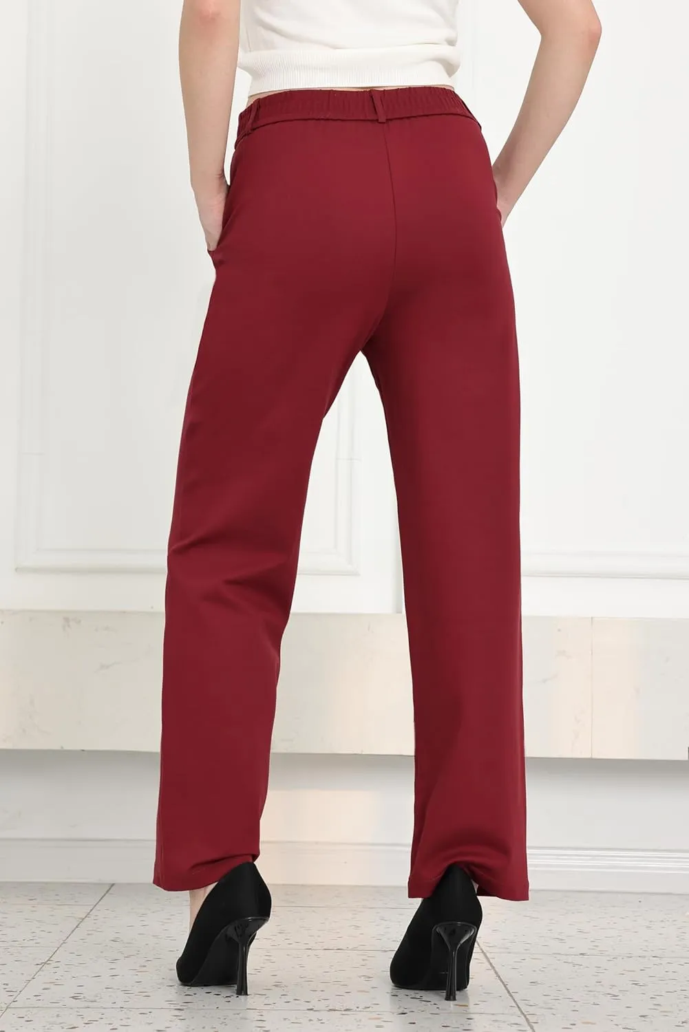 Balleay Art Women Straight Leg Dress Pants High Elastic Waisted Slacks Business Casual Work Office Trousers