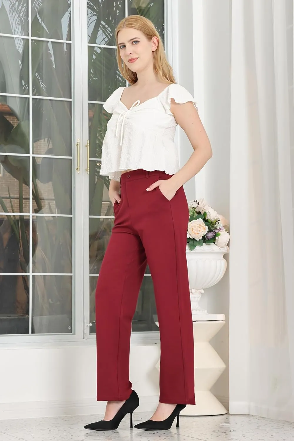 Balleay Art Women Straight Leg Dress Pants High Elastic Waisted Slacks Business Casual Work Office Trousers