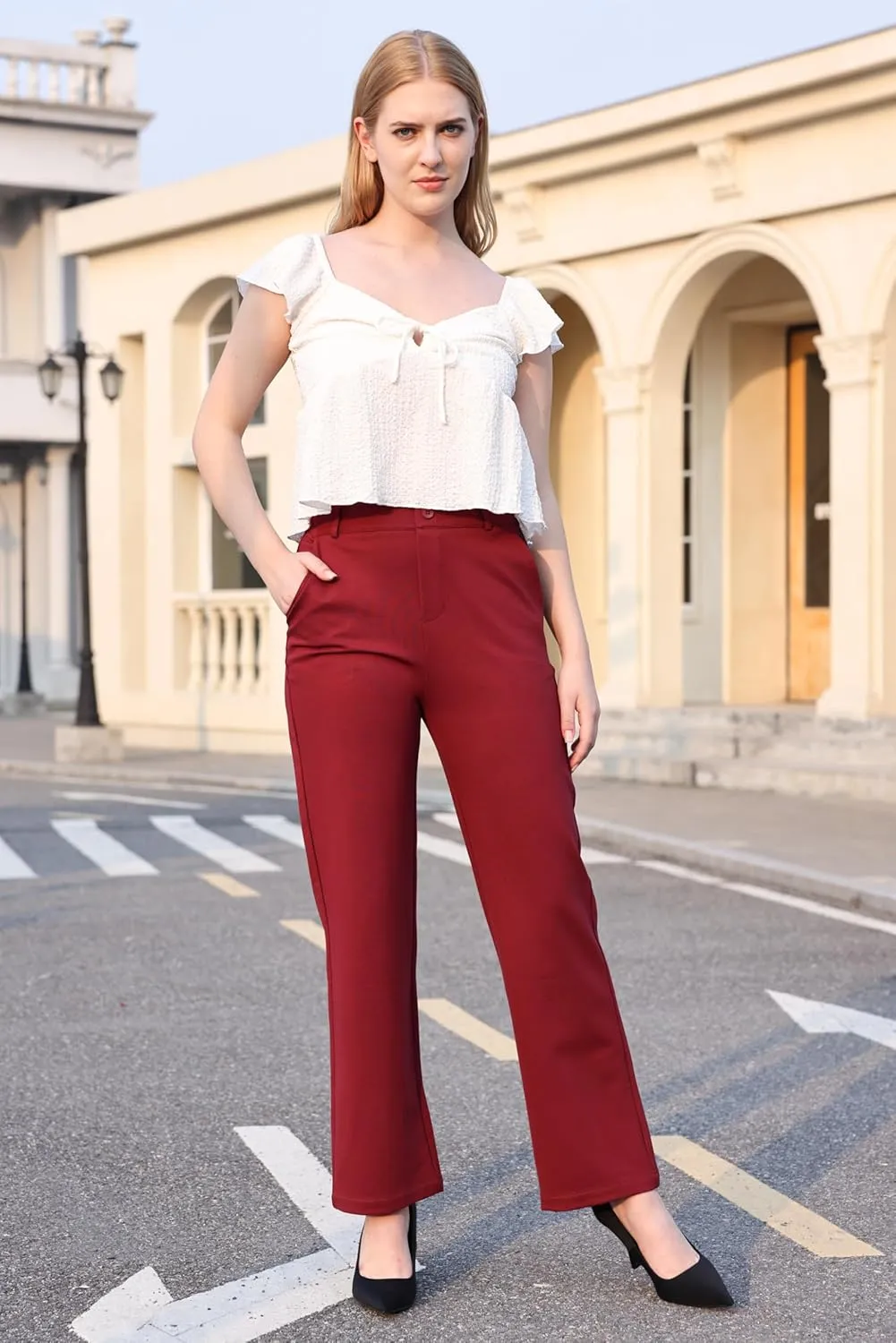 Balleay Art Women Straight Leg Dress Pants High Elastic Waisted Slacks Business Casual Work Office Trousers