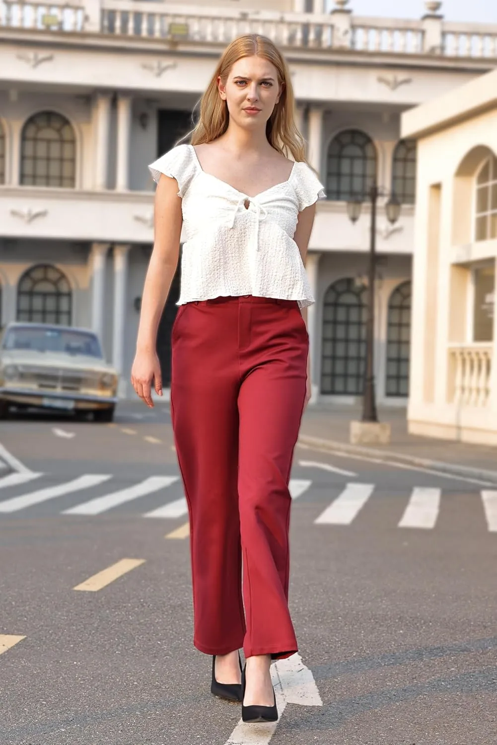 Balleay Art Women Straight Leg Dress Pants High Elastic Waisted Slacks Business Casual Work Office Trousers