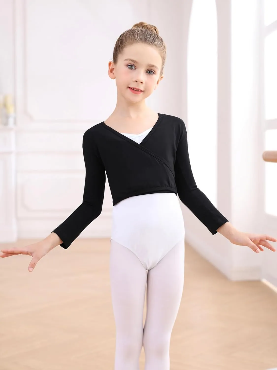 Ballet Wrap Top Dance Cotton Long Sleeve Self Tie Cardigan for Girls