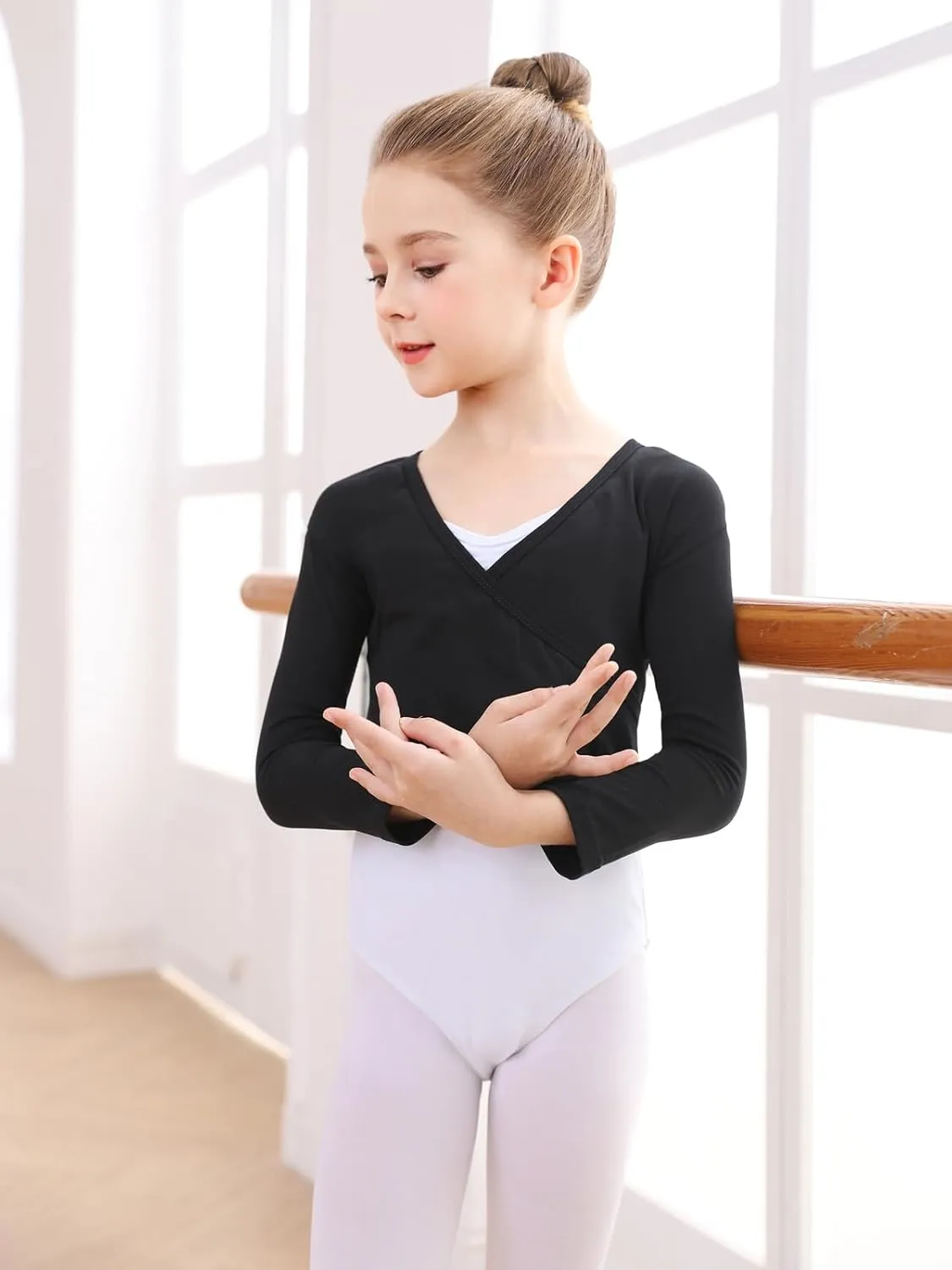 Ballet Wrap Top Dance Cotton Long Sleeve Self Tie Cardigan for Girls