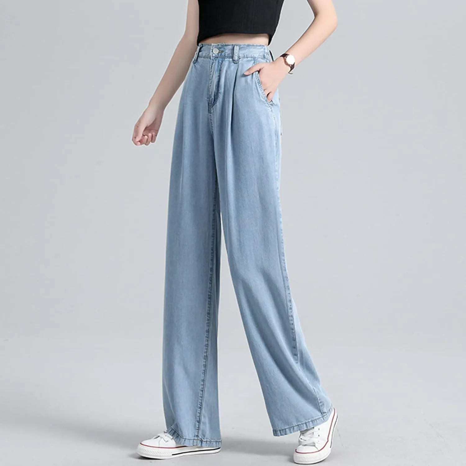 Barrel Jeans for Women Trendy 2025 High Waist Stretchy Straight Wide Leg Casual Cropped Horseshoe Denim Pants Trouser