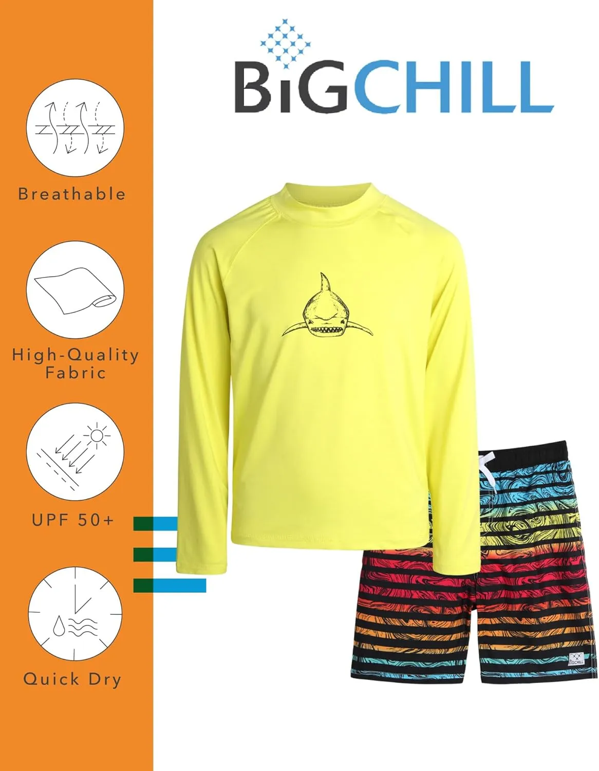 Big Chill Boys Rash Guard Set - 4 Piece UPF 50  Quick Dry Long Sleeve Swim Shirts and Trunks Set for Boys (Sizes: 4-14)