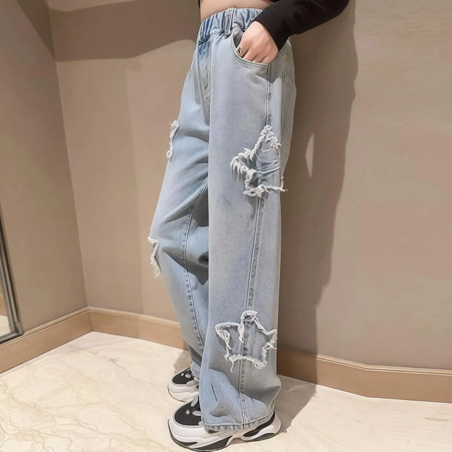 birbyrrly Girls Wide Leg Jeans Kids Baggy Elastic Waist Casual Denim Pants with Pockets