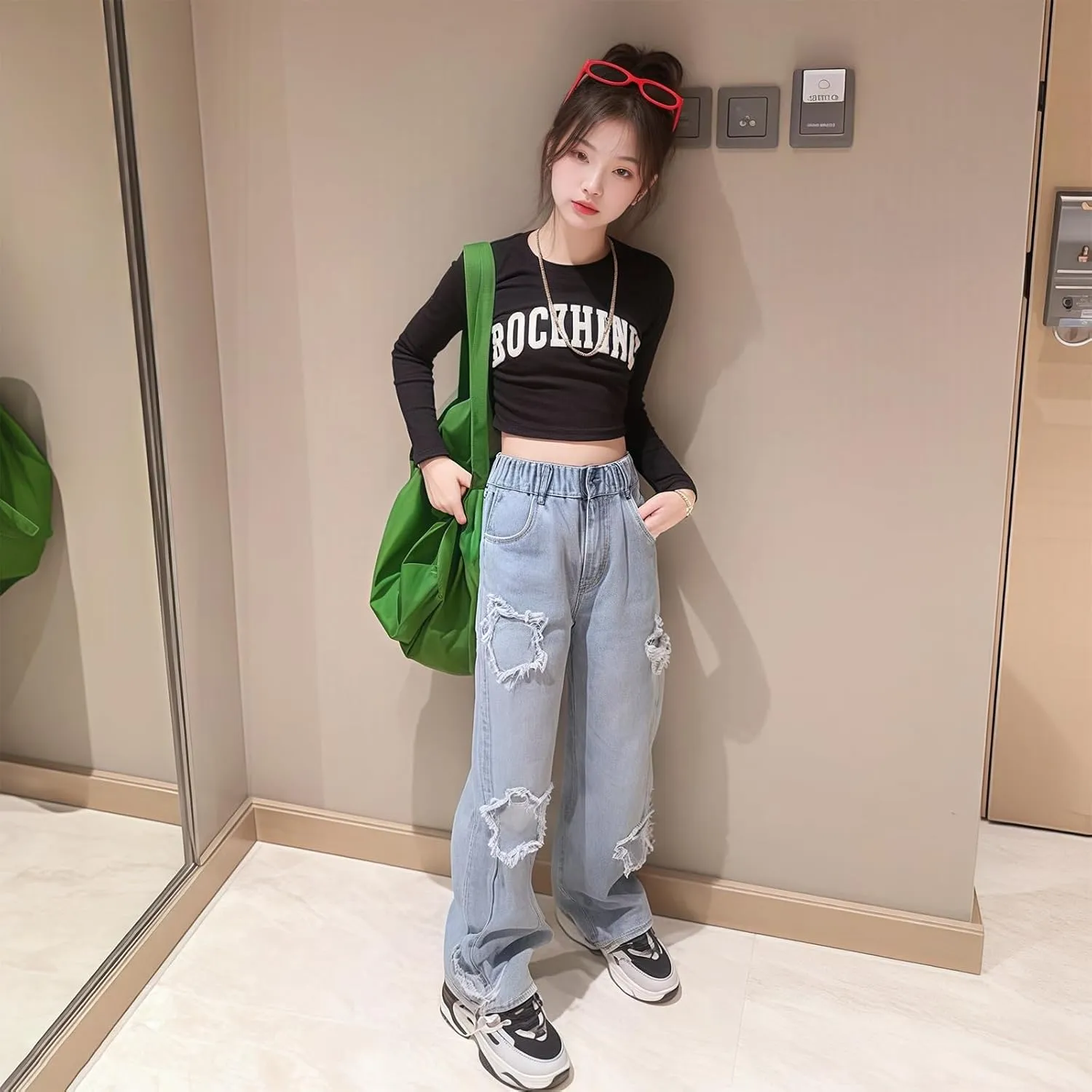 birbyrrly Girls Wide Leg Jeans Kids Baggy Elastic Waist Casual Denim Pants with Pockets