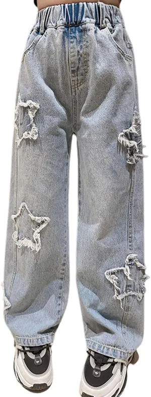 birbyrrly Girls Wide Leg Jeans Kids Baggy Elastic Waist Casual Denim Pants with Pockets