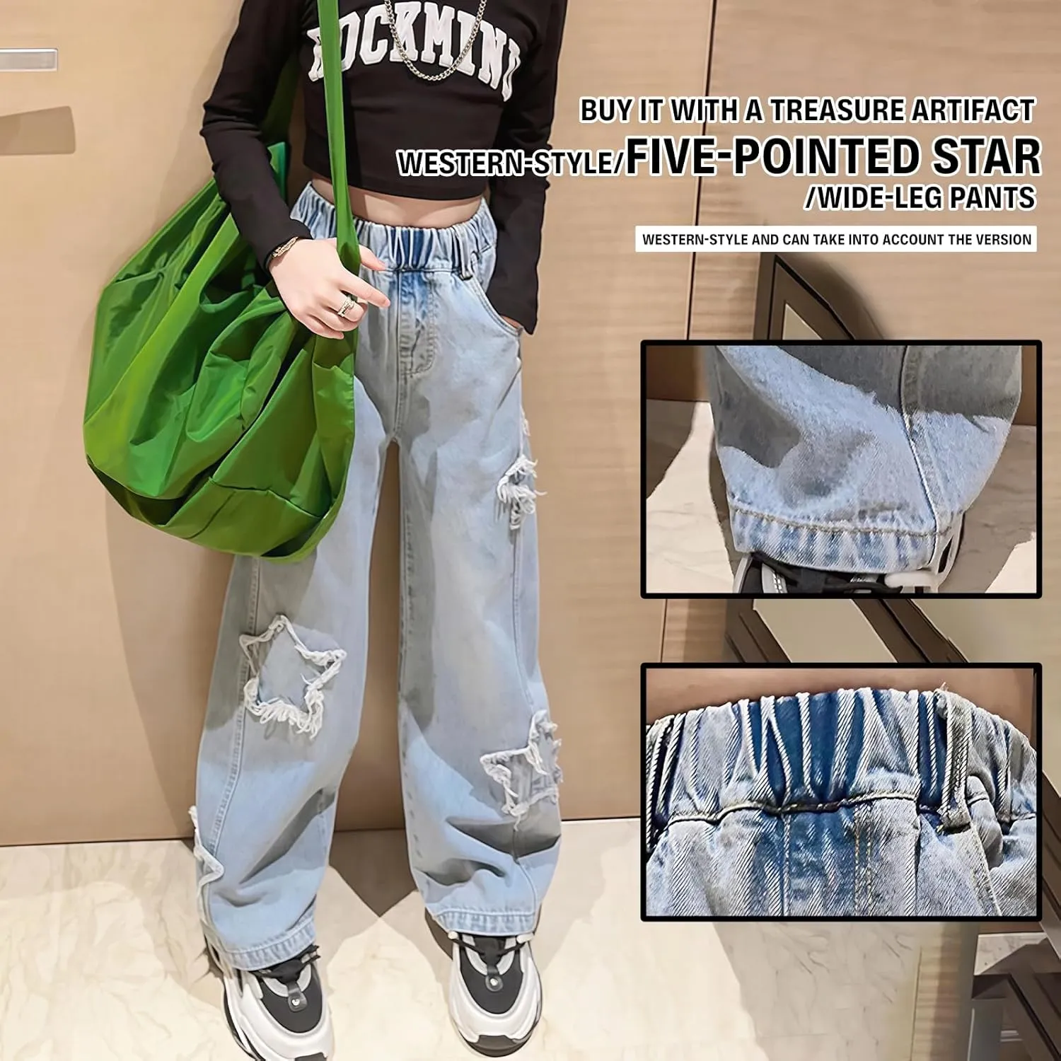 birbyrrly Girls Wide Leg Jeans Kids Baggy Elastic Waist Casual Denim Pants with Pockets