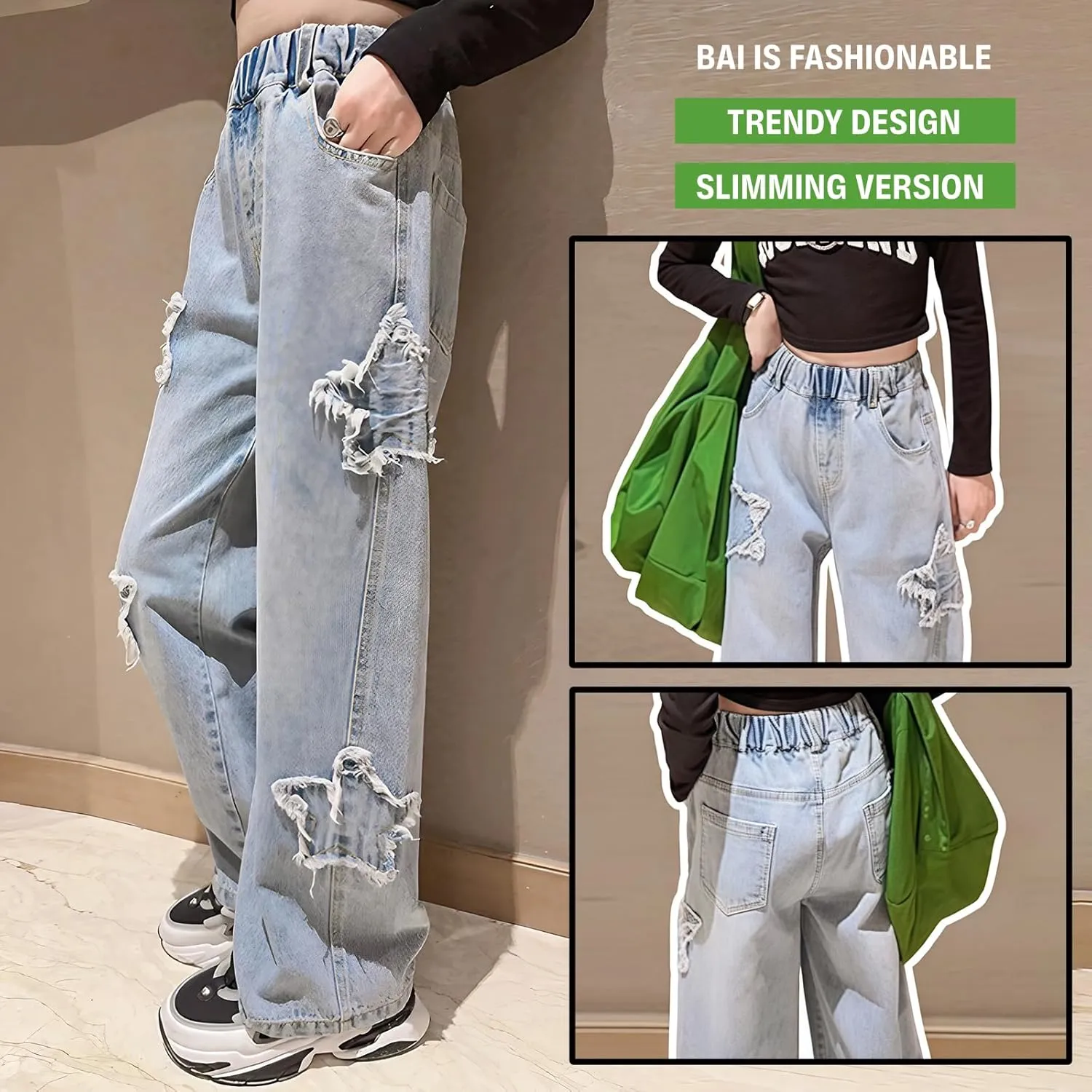 birbyrrly Girls Wide Leg Jeans Kids Baggy Elastic Waist Casual Denim Pants with Pockets