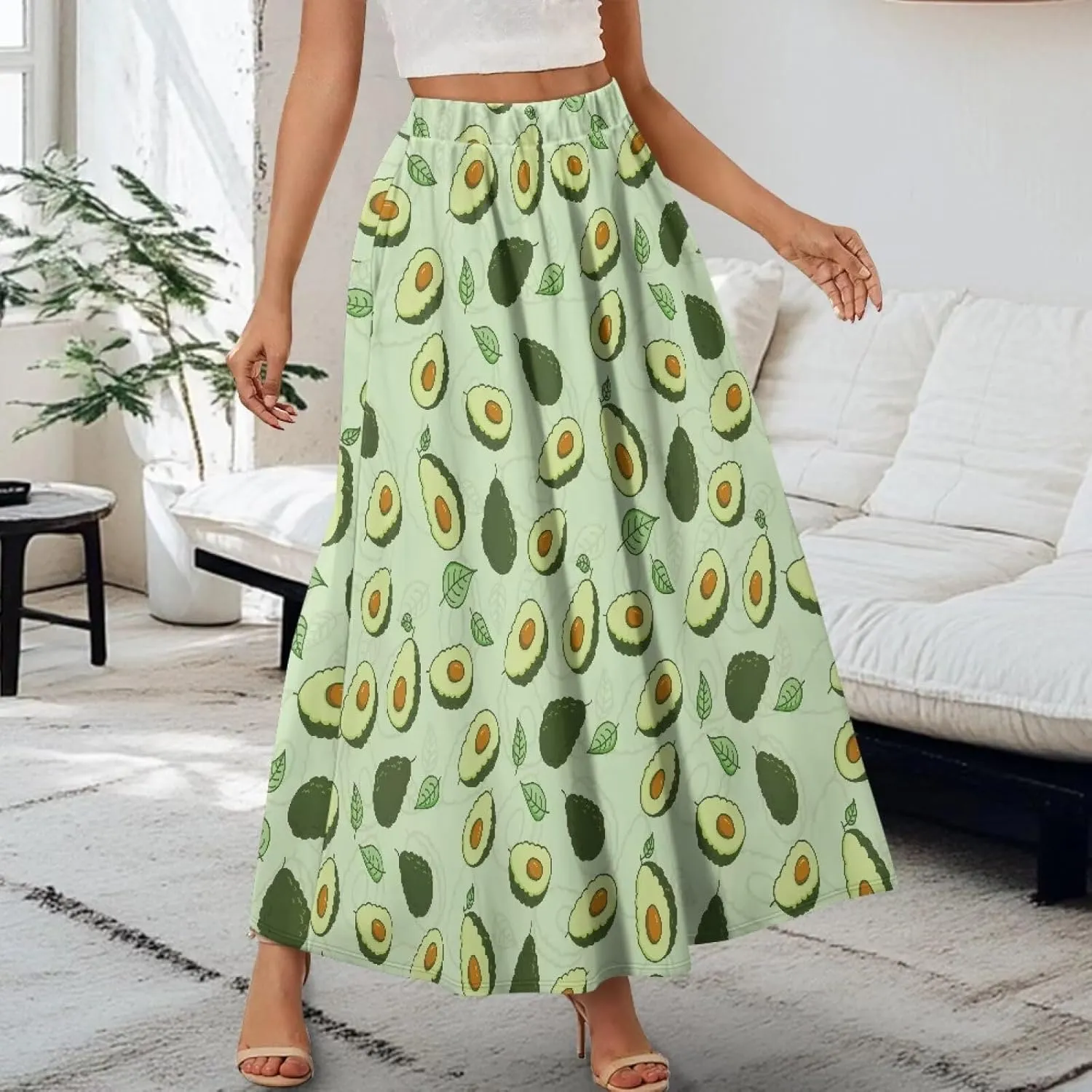 Biyejit Women Flowy Long Skirts Summer Fall Pleated Elastic High Waisted Casual Maxi Skirts with Pockets Plus Size