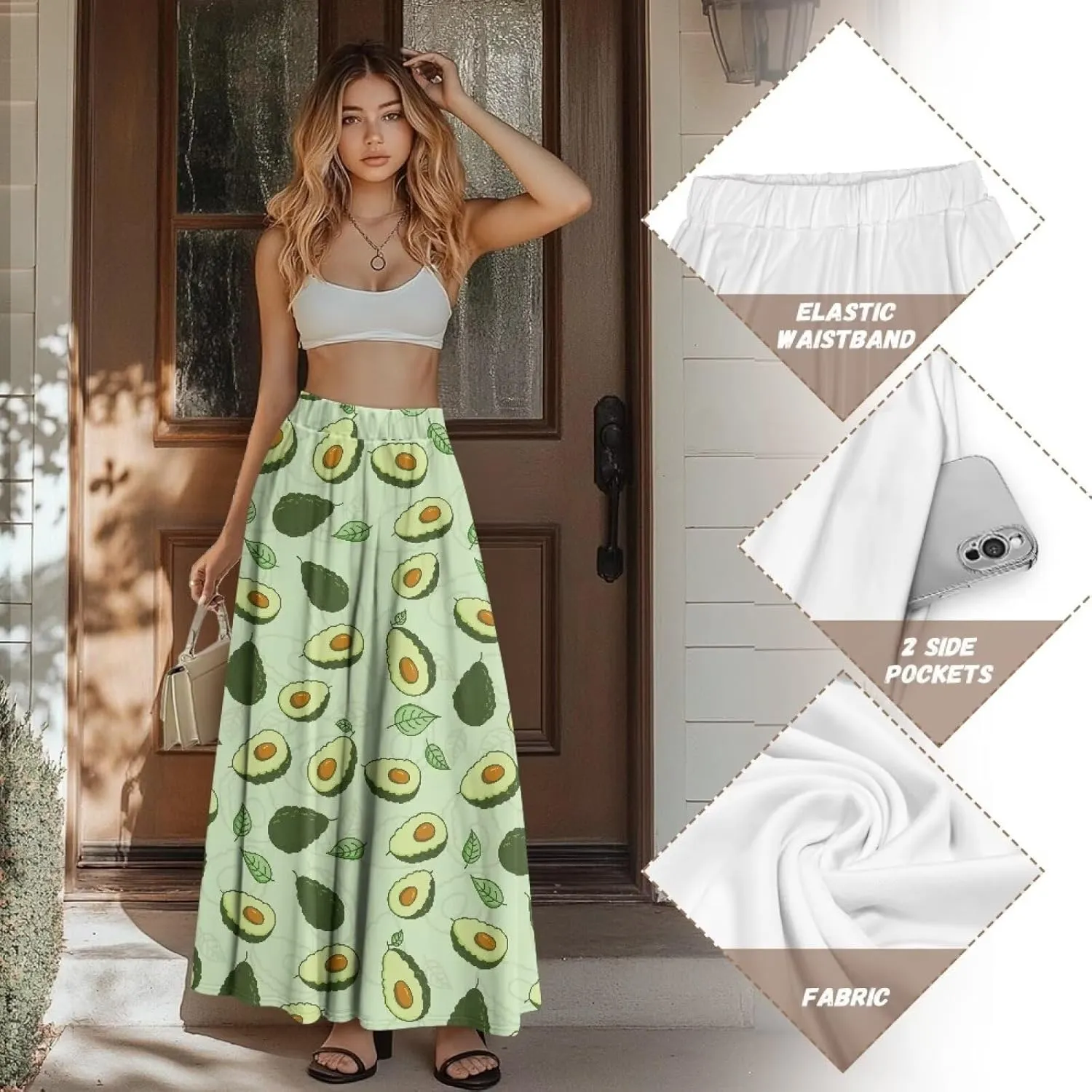 Biyejit Women Flowy Long Skirts Summer Fall Pleated Elastic High Waisted Casual Maxi Skirts with Pockets Plus Size