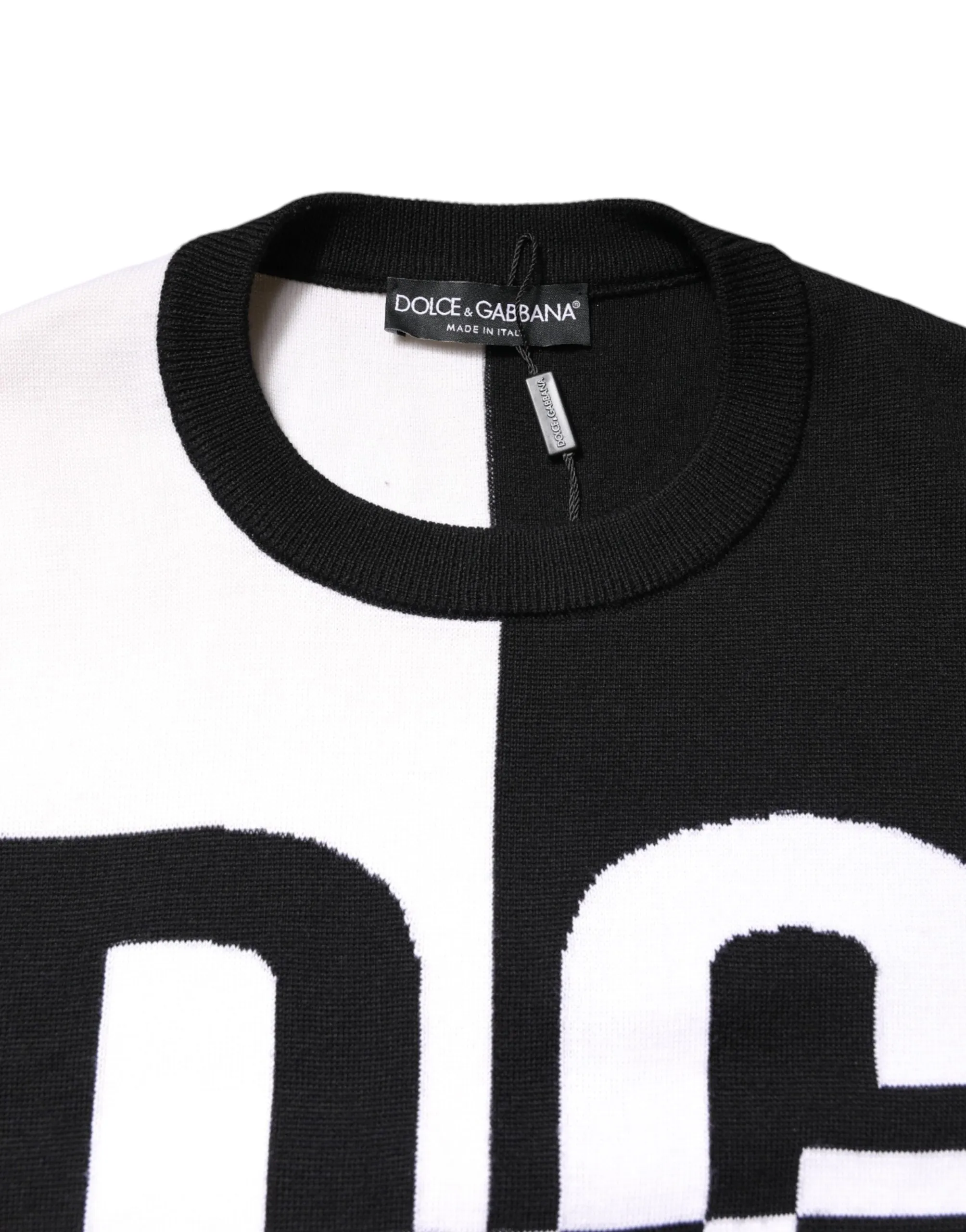 Black White Knit Logo Print Pullover Sweater