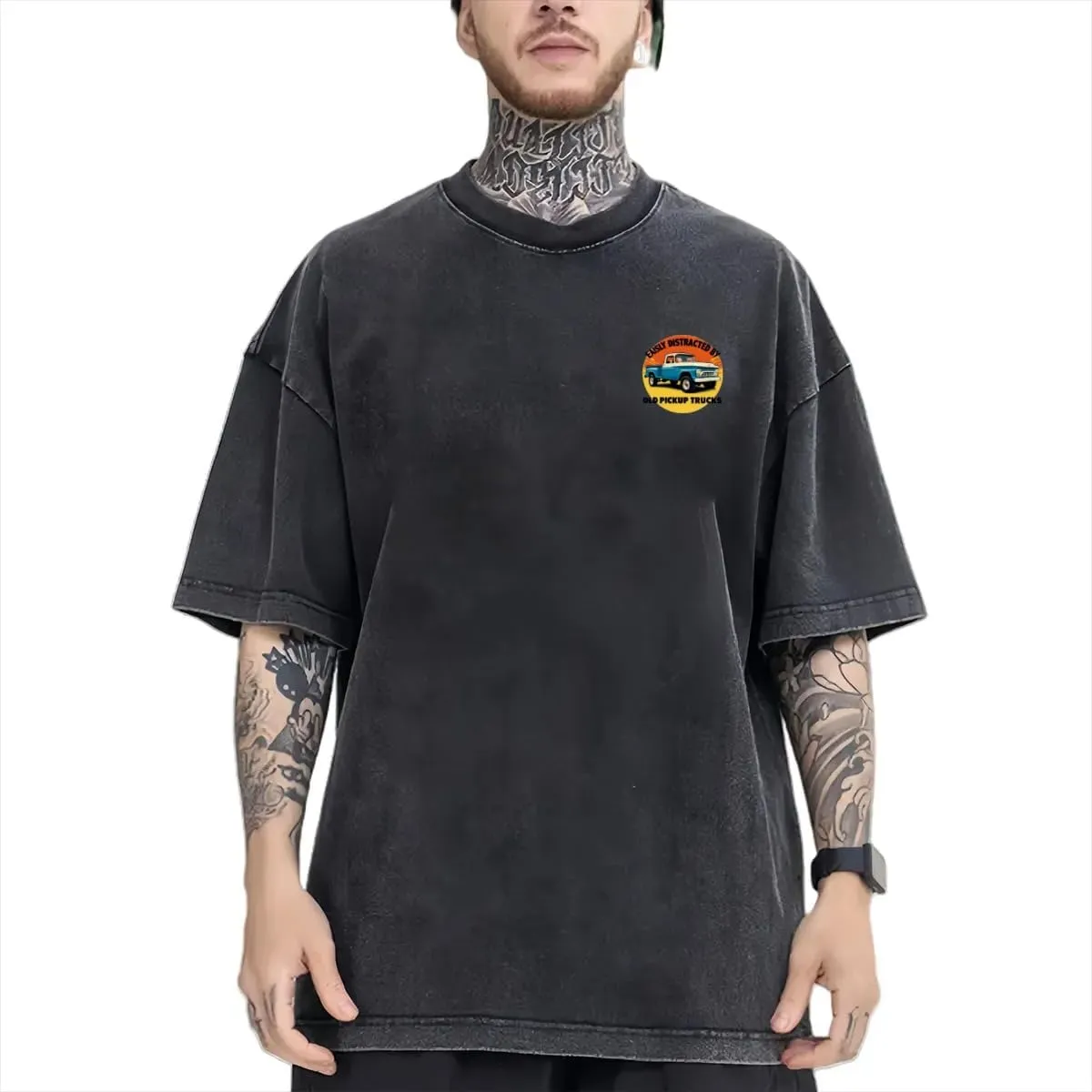 Blue Vintage Monster Truck Classic Two Sides Retro Short Sleeve Shirt Men's Round Neck Sports T-Shirt