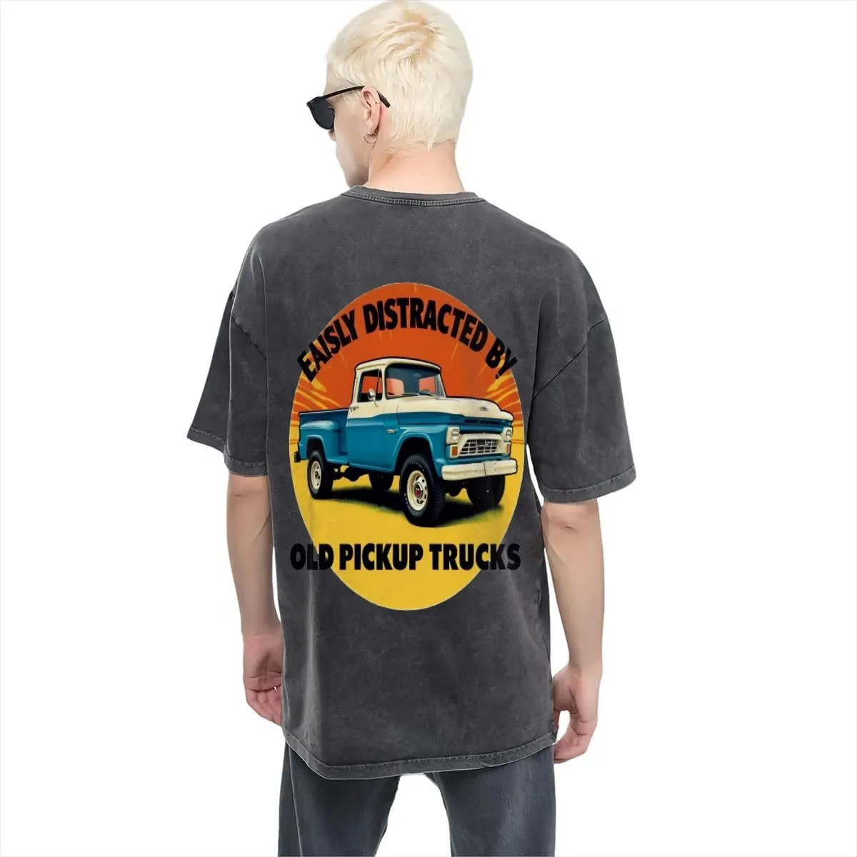 Blue Vintage Monster Truck Classic Two Sides Retro Short Sleeve Shirt Men's Round Neck Sports T-Shirt