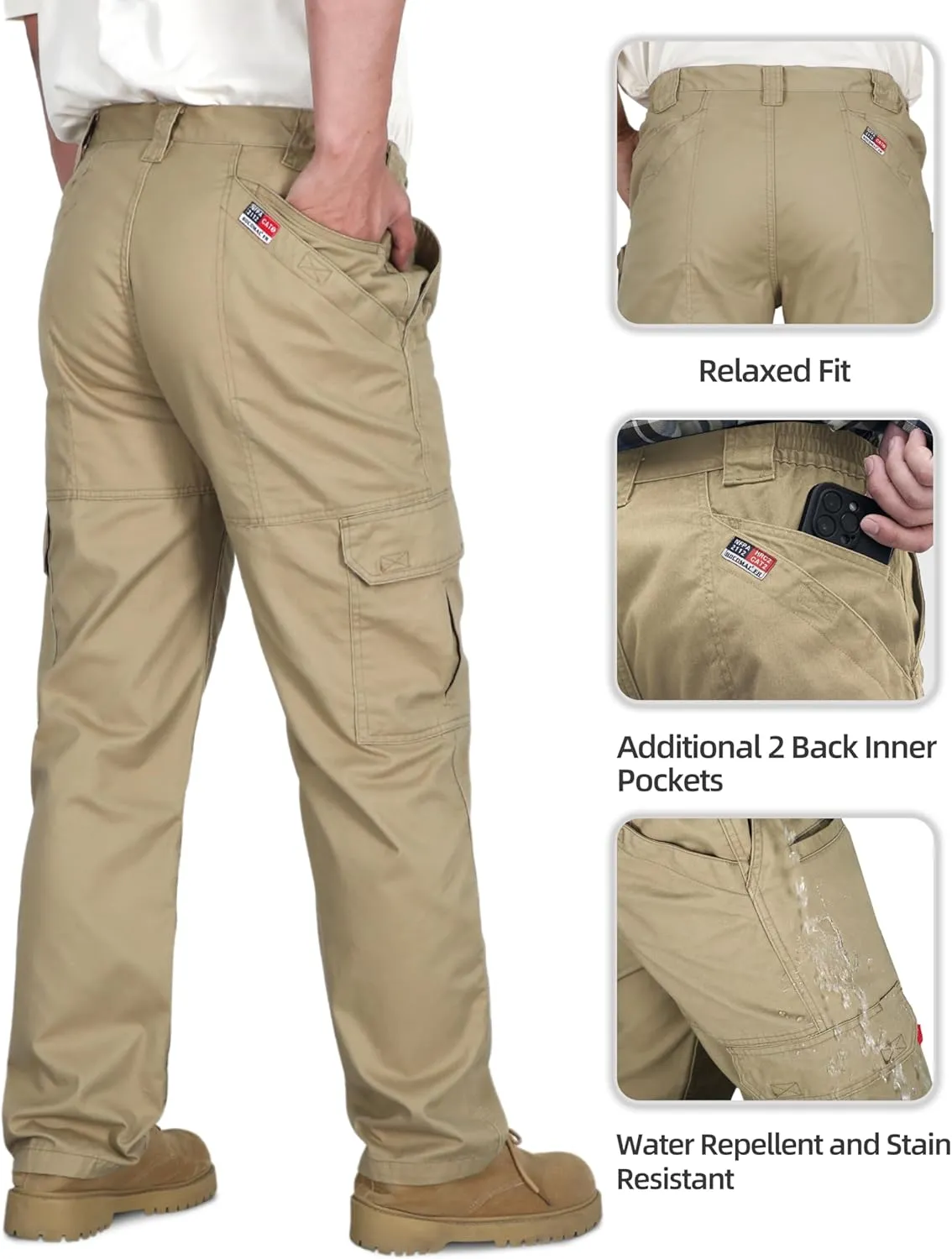 BOCOMAL FR Pants for Men Double Front Flame Resistant Cargo 10 Multi-Pockets Elastic Waist Work Pants