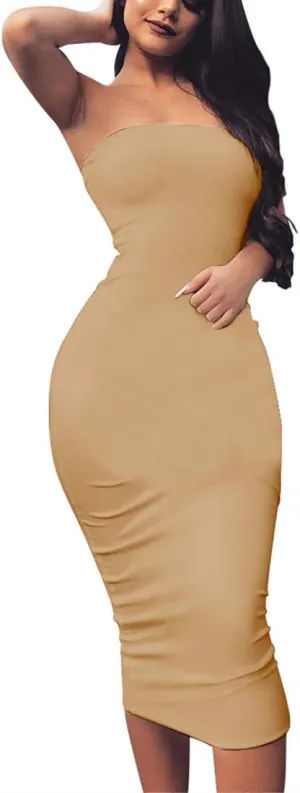 BORIFLORS Women's Basic Sleeveless Tube Top Sexy Strapless Bodycon Midi Club Dress