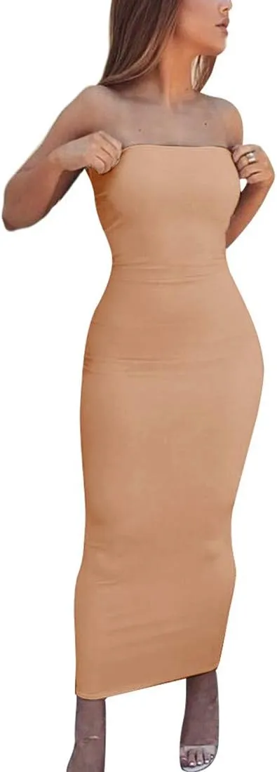 BORIFLORS Women's Basic Sleeveless Tube Top Sexy Strapless Bodycon Midi Club Dress