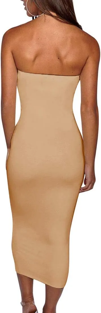 BORIFLORS Women's Basic Sleeveless Tube Top Sexy Strapless Bodycon Midi Club Dress