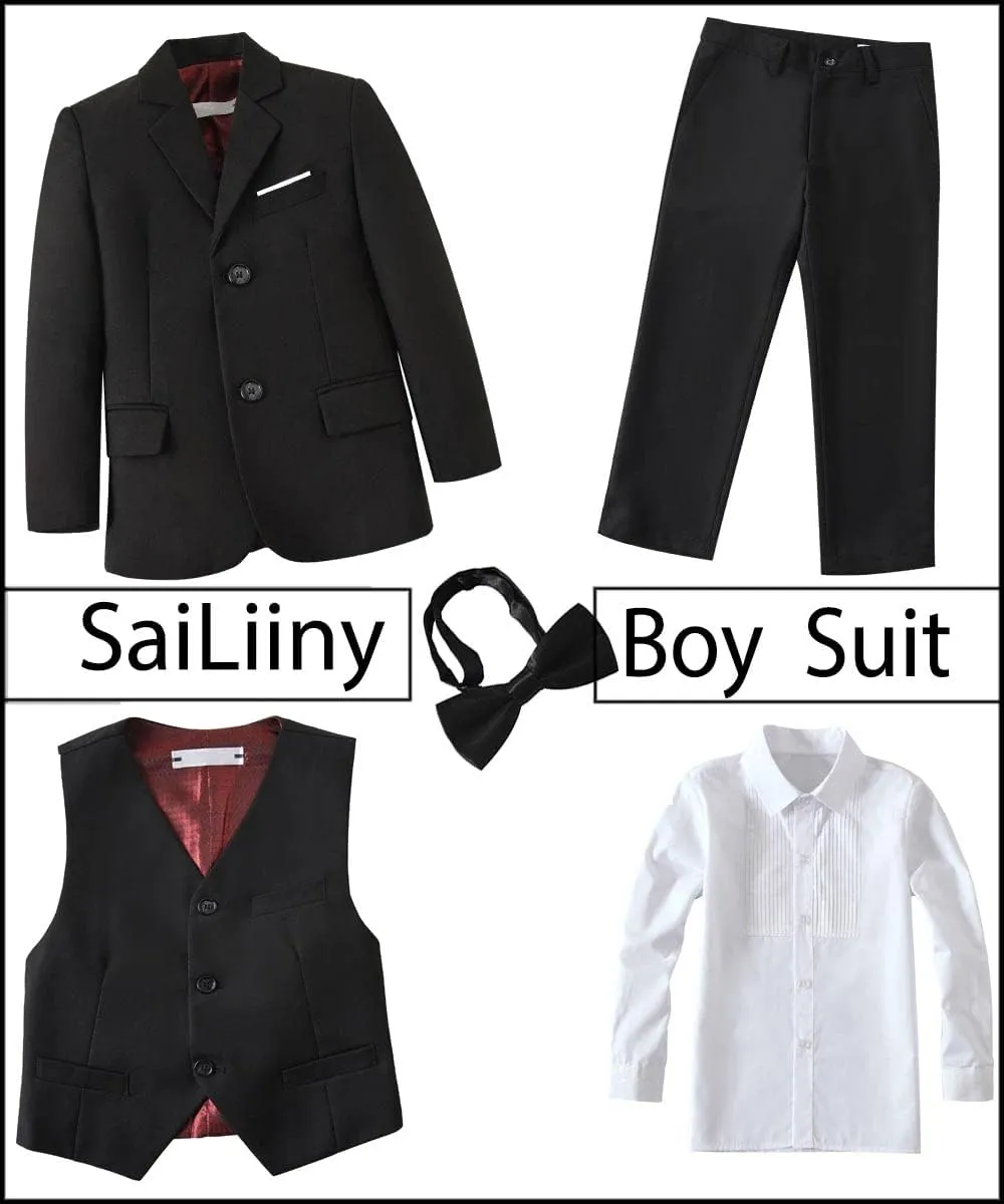 Boys Suits 5 Pieces Slim Fit Blazer Pants Black Blue Outfit Suit for Wedding