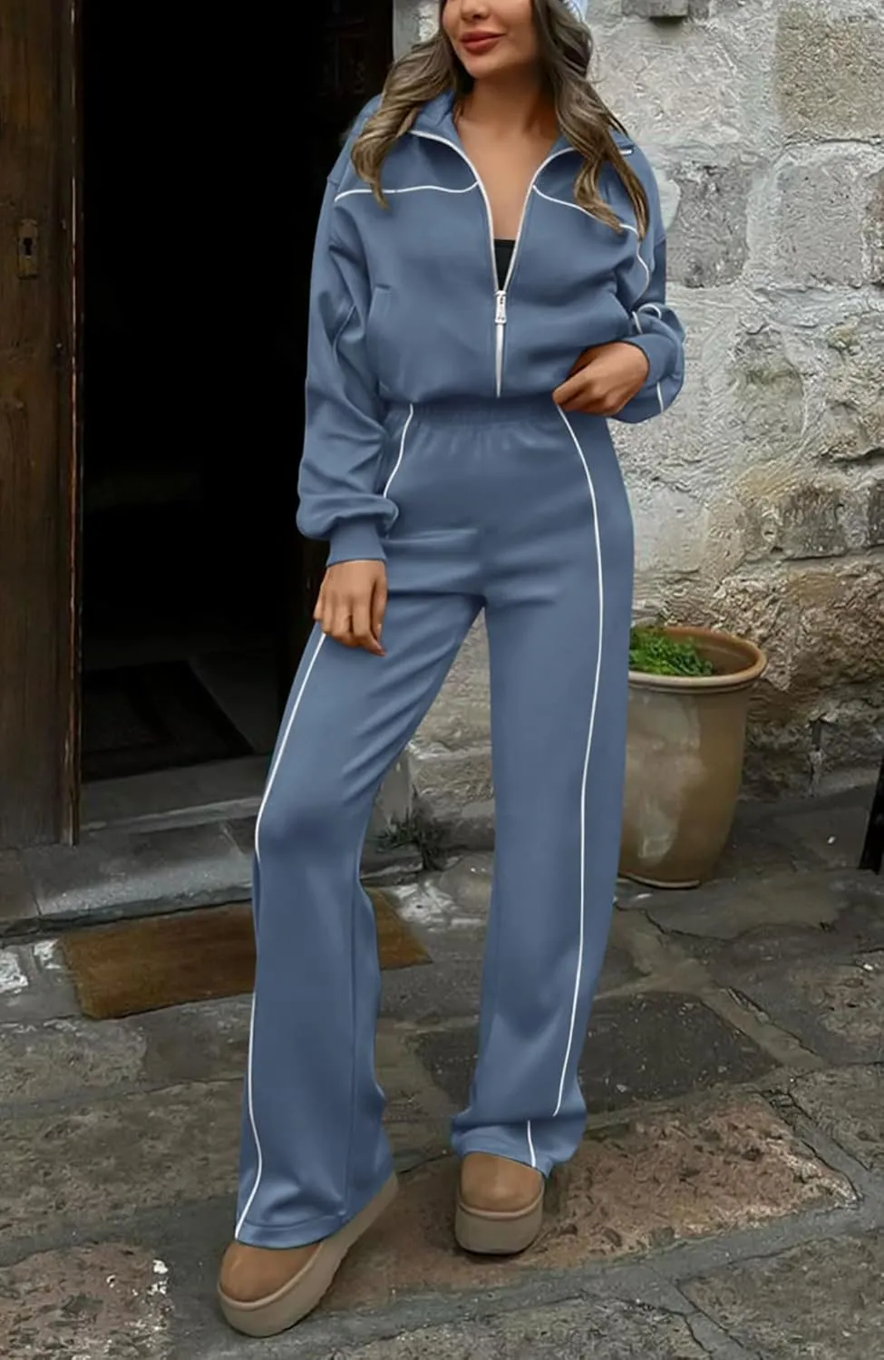 BTFBM Women's Two Piece Tracksuit Fall 2025 Long Sleeve Zip Up Sweatshirt Long Pants Outfits Jogger Sweatsuit Sets