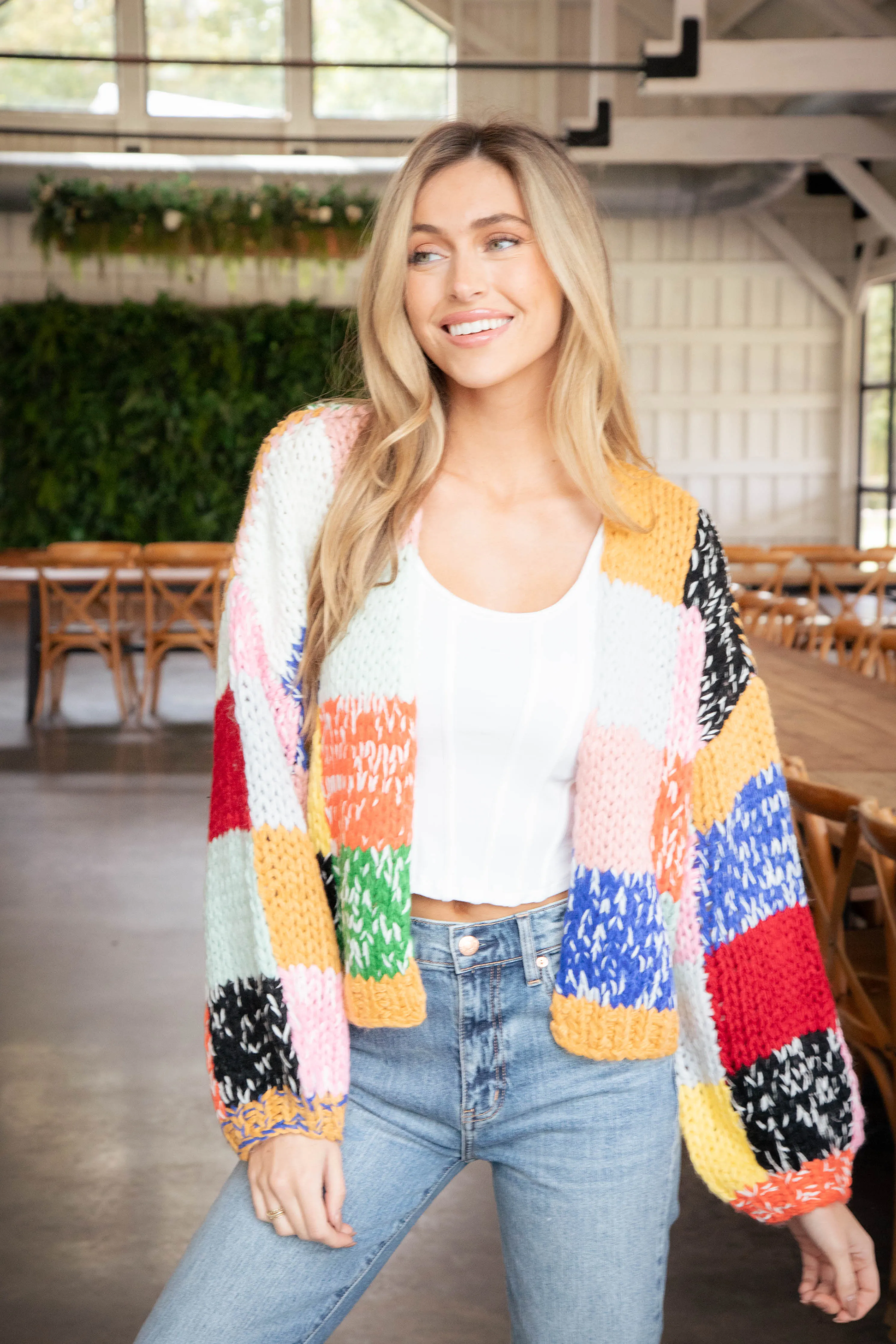 Cailey Colorblock Sweater Cardigan, Rainbow