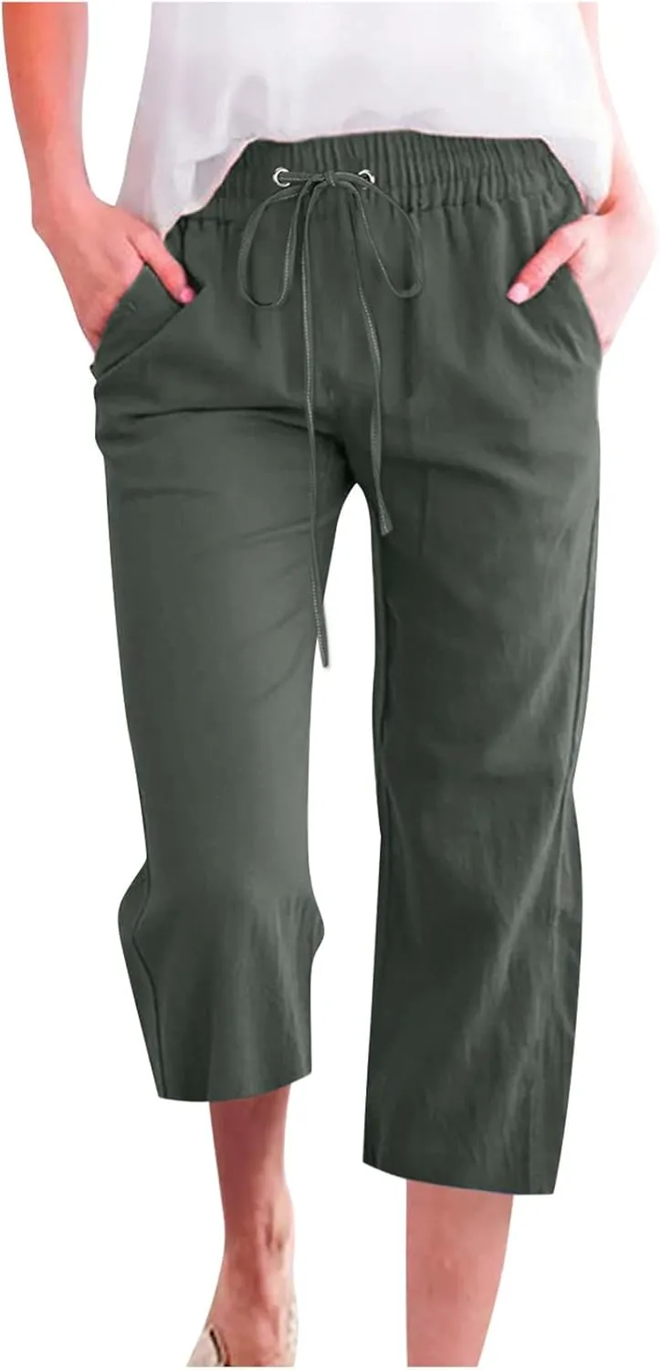 Capri Pants for Women 2025 Summer Casual Cotton Linen Capris Baggy Drawstring Elastic Waist Straight Leg Cropped Trousers