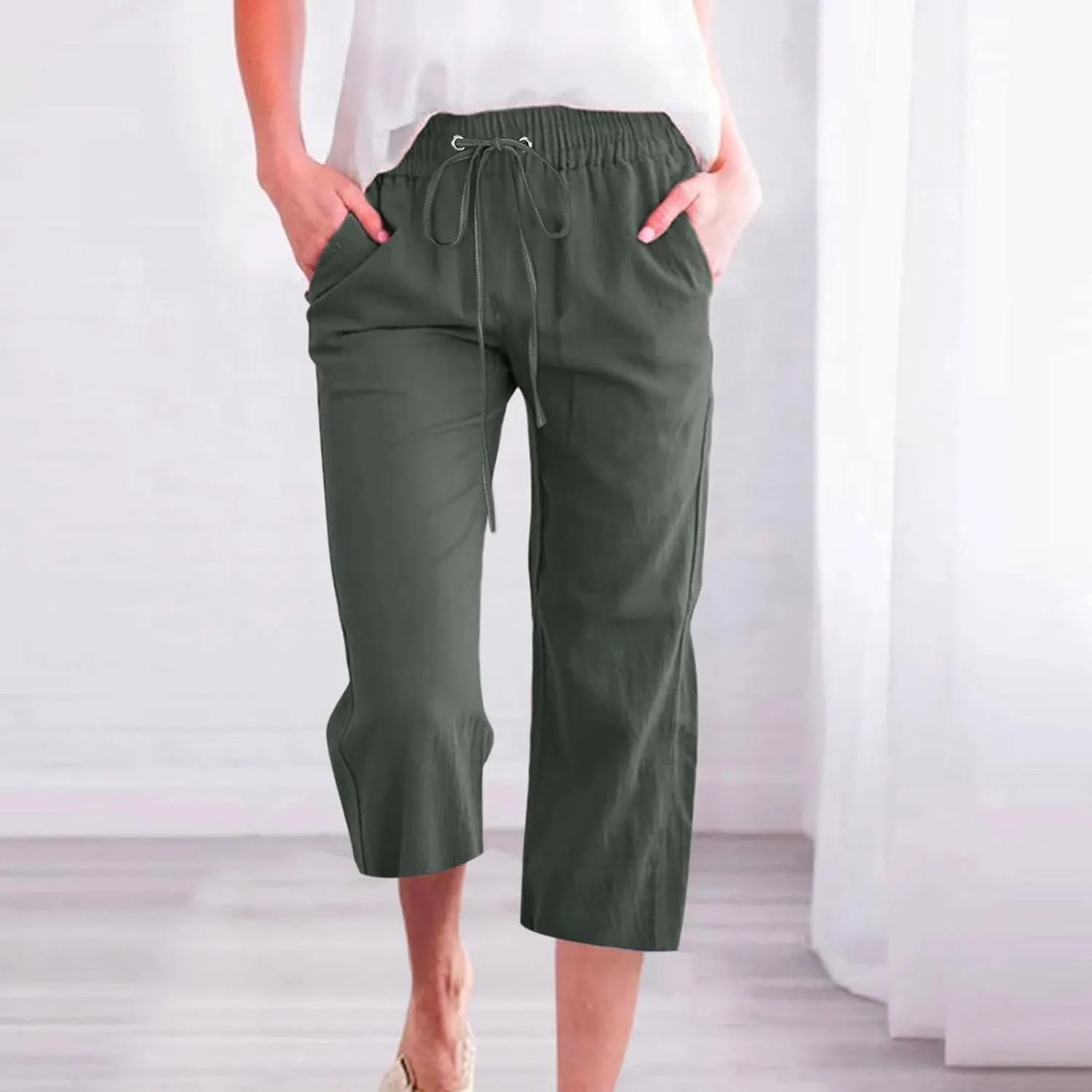 Capri Pants for Women 2025 Summer Casual Cotton Linen Capris Baggy Drawstring Elastic Waist Straight Leg Cropped Trousers