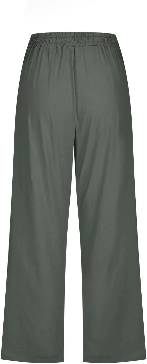 Capri Pants for Women 2025 Summer Casual Cotton Linen Capris Baggy Drawstring Elastic Waist Straight Leg Cropped Trousers