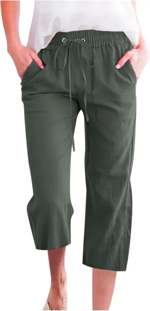 Capri Pants for Women 2025 Summer Casual Cotton Linen Capris Baggy Drawstring Elastic Waist Straight Leg Cropped Trousers
