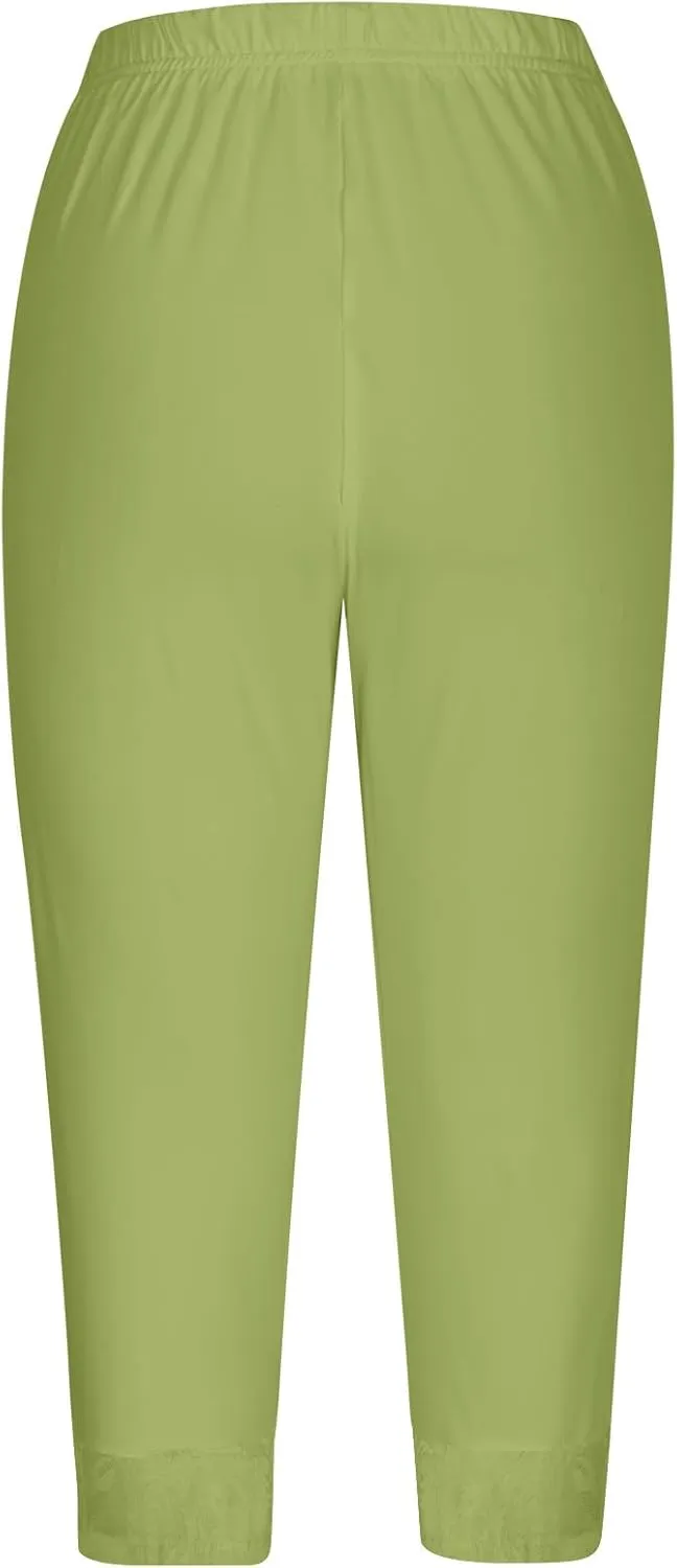 Capri Yoga Pants for Women Lace Trim 3/4 Length Cropped Leggings High Waist Stretch Workout Lounge Tights