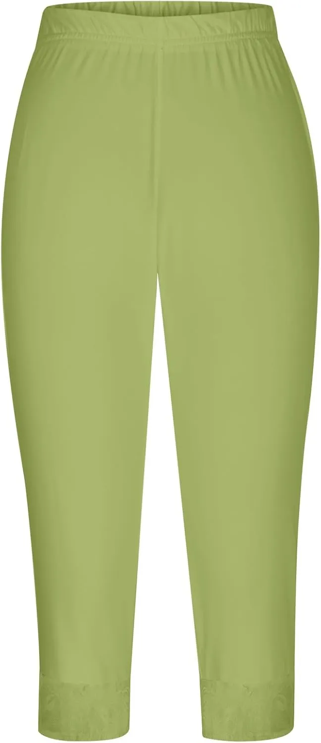 Capri Yoga Pants for Women Lace Trim 3/4 Length Cropped Leggings High Waist Stretch Workout Lounge Tights