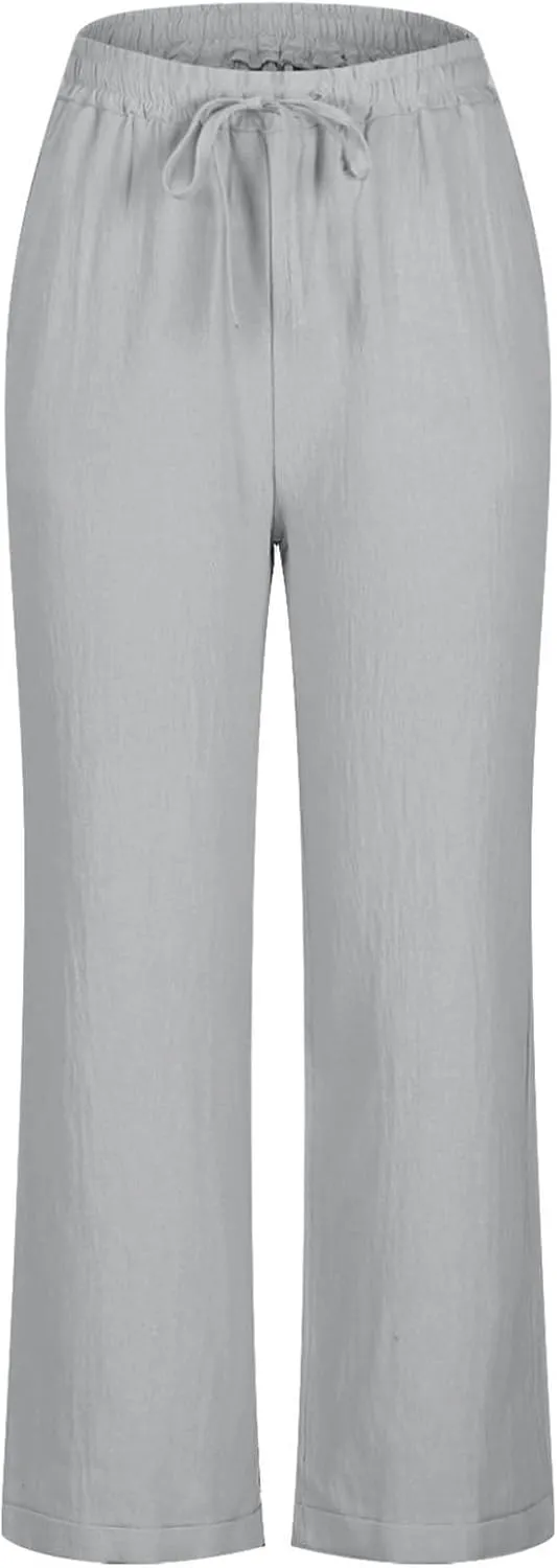 Capris Pants for Women Cotton Linen Casual Summer Straight Wide Leg Beach Drawstring Elastic Waist Cropped Trousers