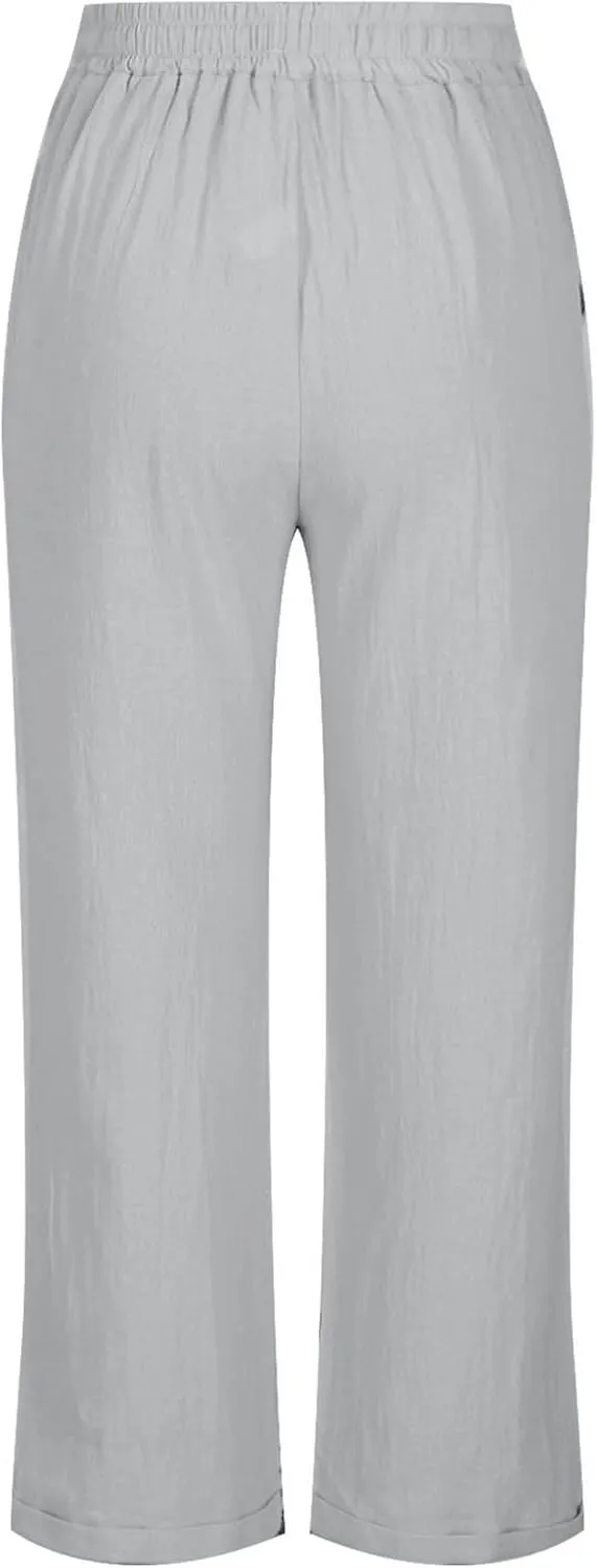 Capris Pants for Women Cotton Linen Casual Summer Straight Wide Leg Beach Drawstring Elastic Waist Cropped Trousers