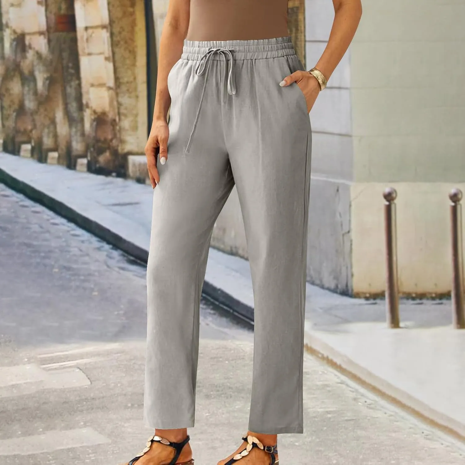 Capris Pants for Women Cotton Linen Casual Summer Straight Wide Leg Beach Drawstring Elastic Waist Cropped Trousers