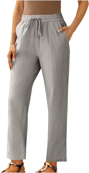 Capris Pants for Women Cotton Linen Casual Summer Straight Wide Leg Beach Drawstring Elastic Waist Cropped Trousers