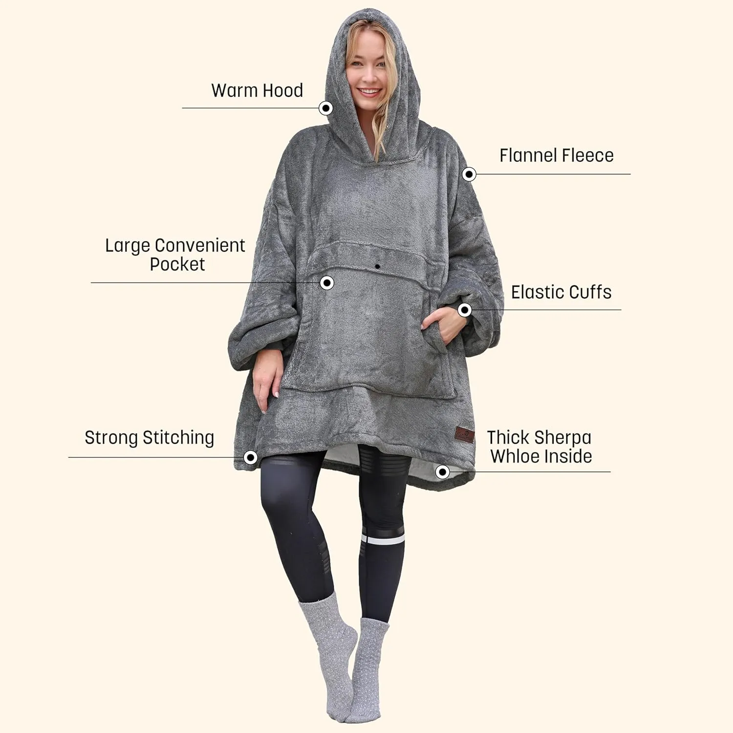Catalonia Oversized Blanket Hoodie Sweatshirt, Wearable Sherpa Lounging Pullover for Adults Women Men