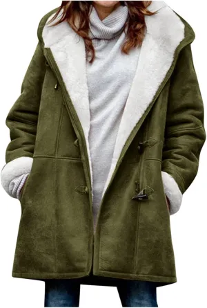 Ceboyel Women Fleece Winter Coats 2023 Sherpa Lined Suede Warm Jackets Hoodies Horn Buttons Long Coat Trendy Outfits Clothes Winter Coats For Plus Size Women 2023 Trendy Army Green Xxxl