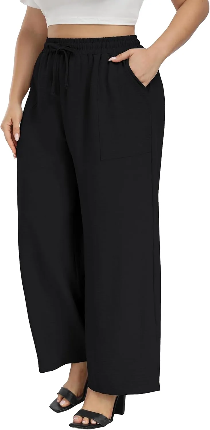 Cheapestbuy Plus Size Summer Wide Leg Pants for Women Loose Palazzo Pants Long Flowy Casual Pants with Pockets