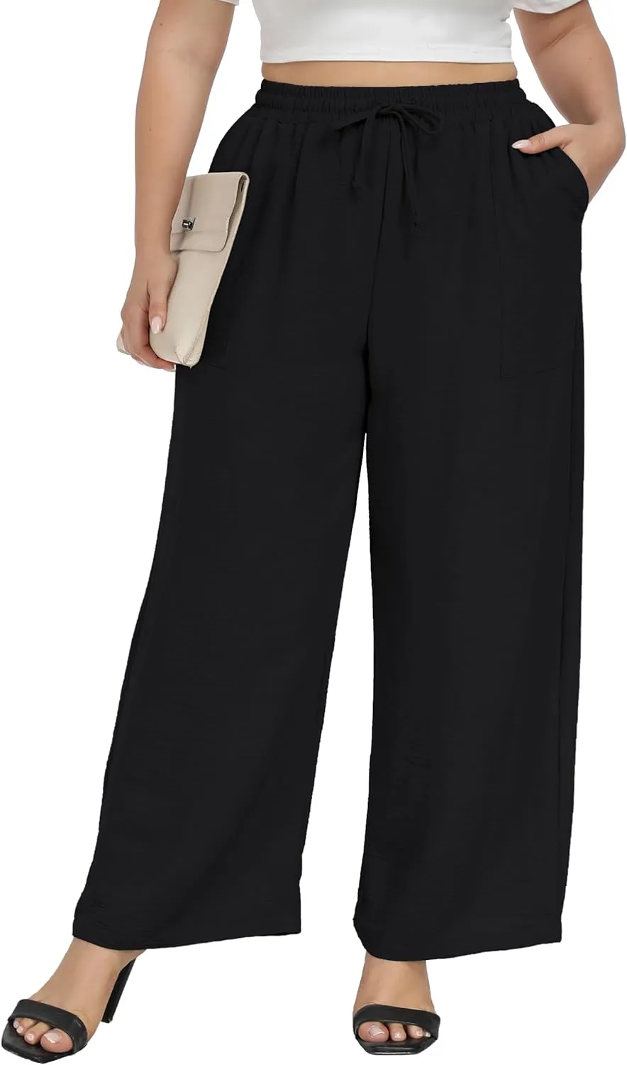 Cheapestbuy Plus Size Summer Wide Leg Pants for Women Loose Palazzo Pants Long Flowy Casual Pants with Pockets