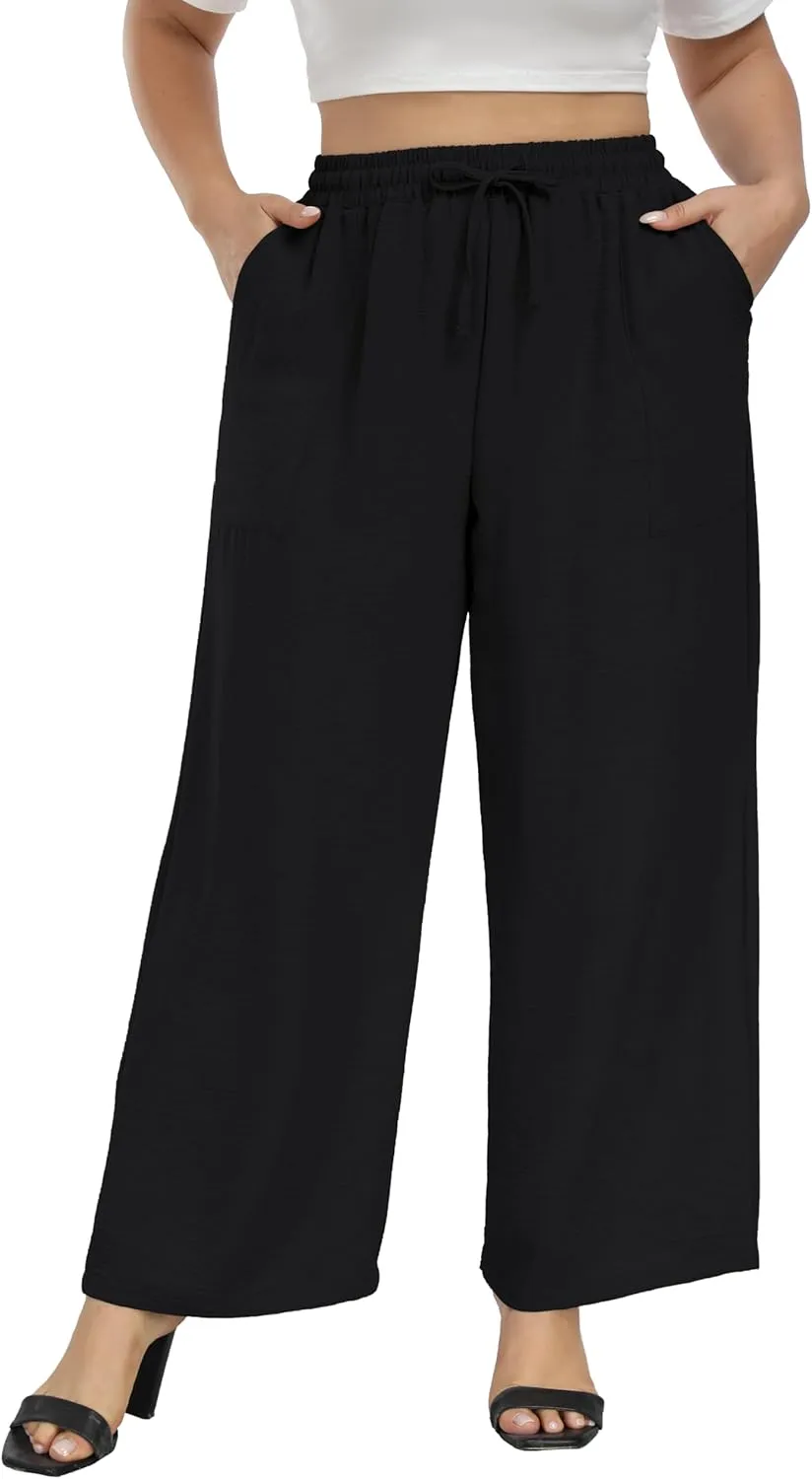 Cheapestbuy Plus Size Summer Wide Leg Pants for Women Loose Palazzo Pants Long Flowy Casual Pants with Pockets
