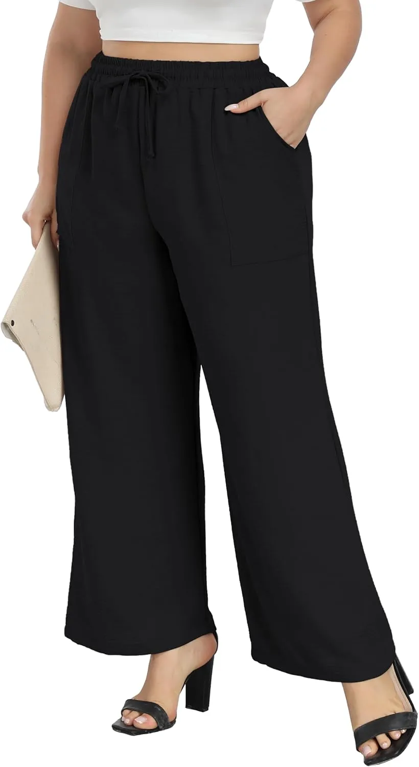 Cheapestbuy Plus Size Summer Wide Leg Pants for Women Loose Palazzo Pants Long Flowy Casual Pants with Pockets