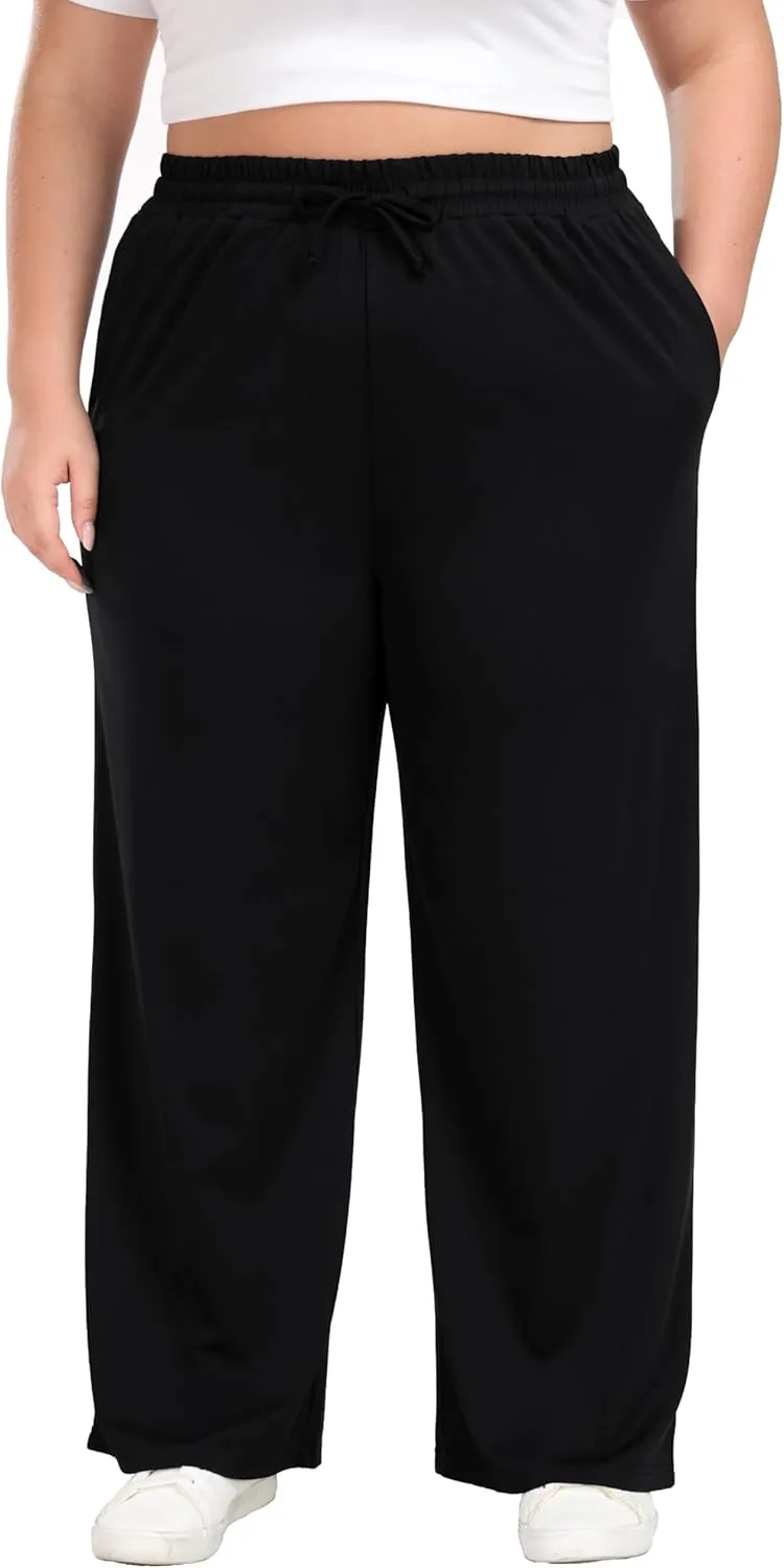 Cheapestbuy Women's Plus Size Casual Pants Comfy Wide Leg Pants Stretchy Loose Fit Lounge Pants with Pockets