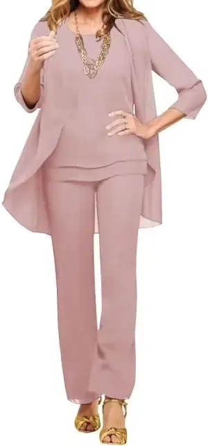 Chiffon Mother of The Bride Pant Suits Petite 3 Pieces Formal Outfit Sets for Women Evening Party