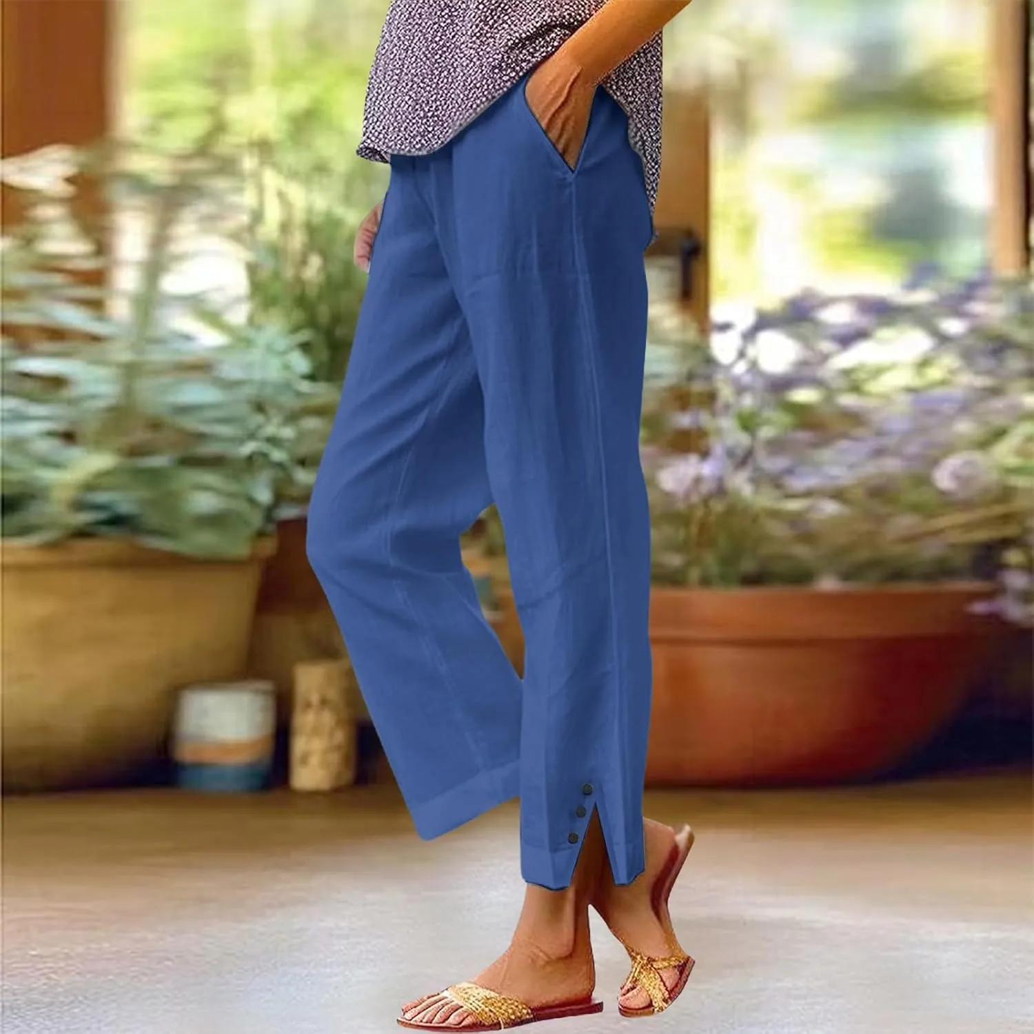 Cotton Linen Capris Pants for Women Casual Summer Straight Wide Leg Stripe Drawstring Elastic Waist Crop Trousers