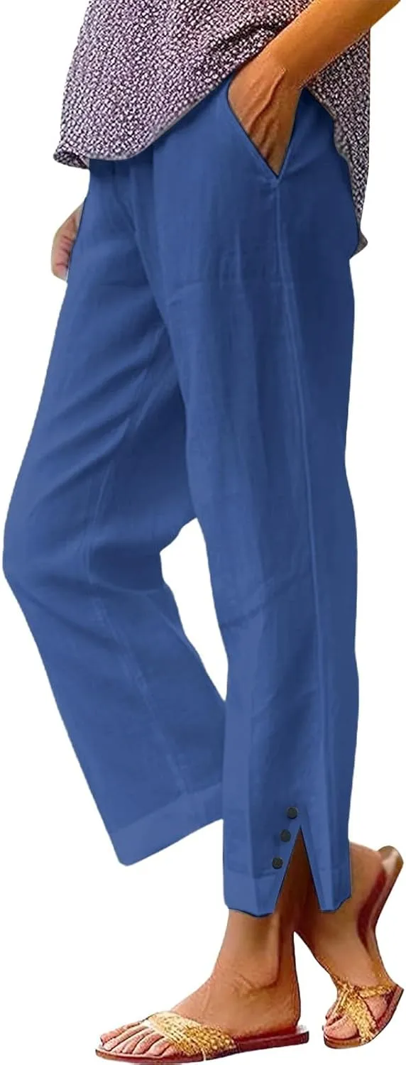 Cotton Linen Capris Pants for Women Casual Summer Straight Wide Leg Stripe Drawstring Elastic Waist Crop Trousers