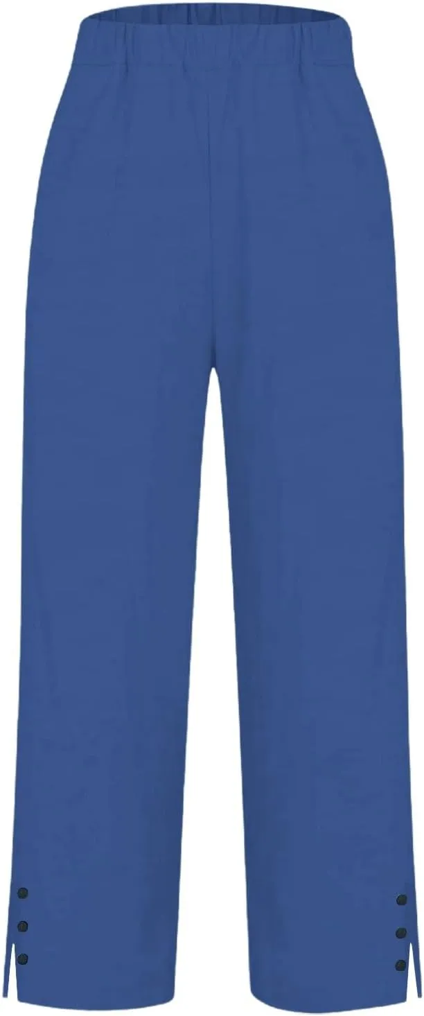 Cotton Linen Capris Pants for Women Casual Summer Straight Wide Leg Stripe Drawstring Elastic Waist Crop Trousers