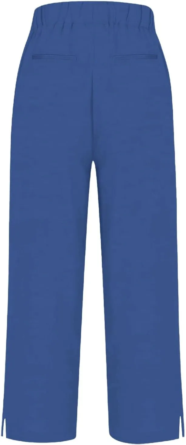 Cotton Linen Capris Pants for Women Casual Summer Straight Wide Leg Stripe Drawstring Elastic Waist Crop Trousers