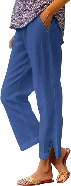 Cotton Linen Capris Pants for Women Casual Summer Straight Wide Leg Stripe Drawstring Elastic Waist Crop Trousers