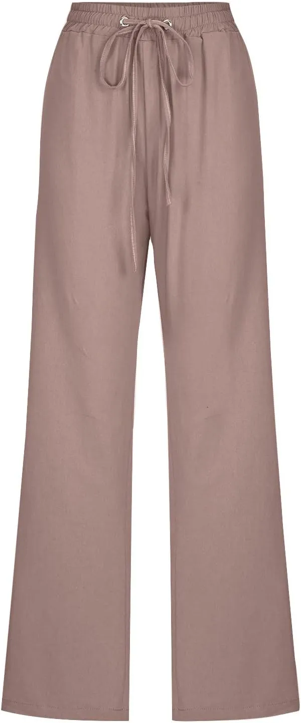 Cotton Linen Pants for Women Drawstring Elastic Waist Loose Fit Trouser Straight Wide Leg Trousers Casual Pants 2025